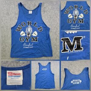 Vintage World Gym Tank Top Mens Medium Blue Branford CT Gorilla 90s Shirt Hanes